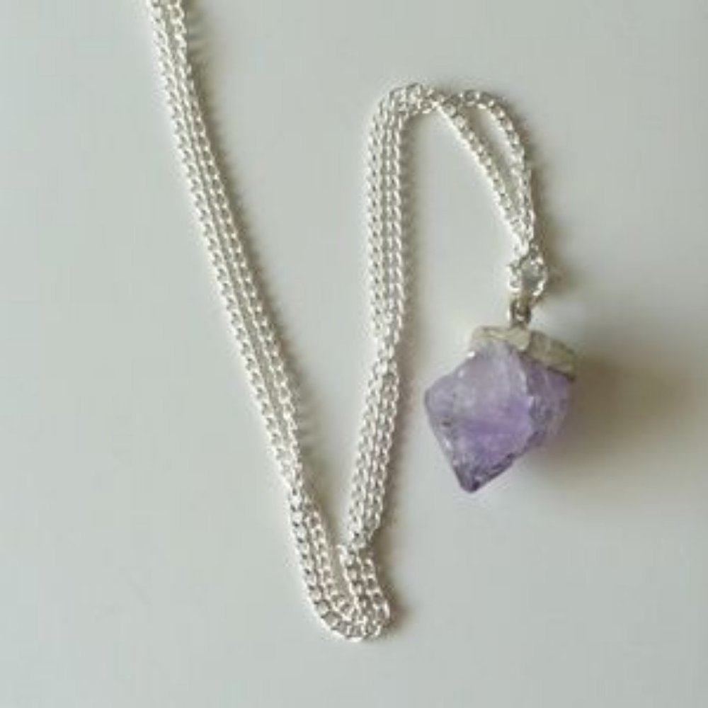 ❤️ Raw Amethyst Gemstone, Silver Necklace